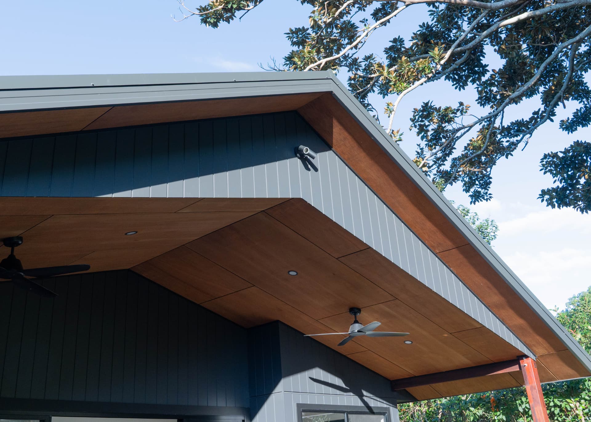 Hardwood soffit and ceiling fans